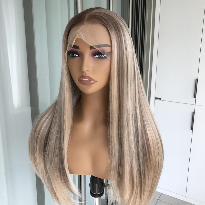 Blonde with Brown Highlights Lace Front Wig Straight for Women Highlight Brown Synthetic Lace Wigs Pre Plucked Hairline Glueless Wig Natural Straight Synthetic Lace Frontal Wig 26 inch