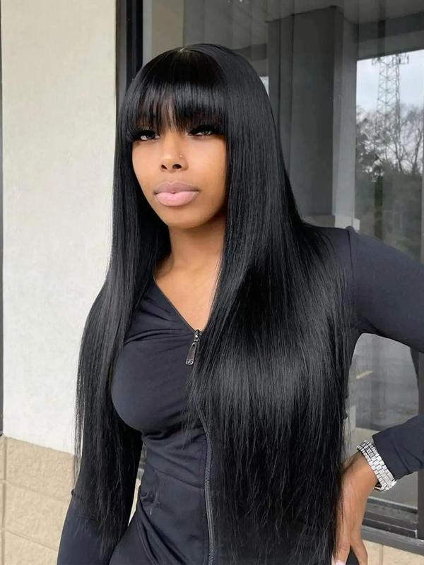 26 Inch Black Long Straight Wigs for Women, Jet Black Wig, Gorgeous Fluffy Wigs with Bangs, Synthetic Full Machine Wigs for Party, Daily Use