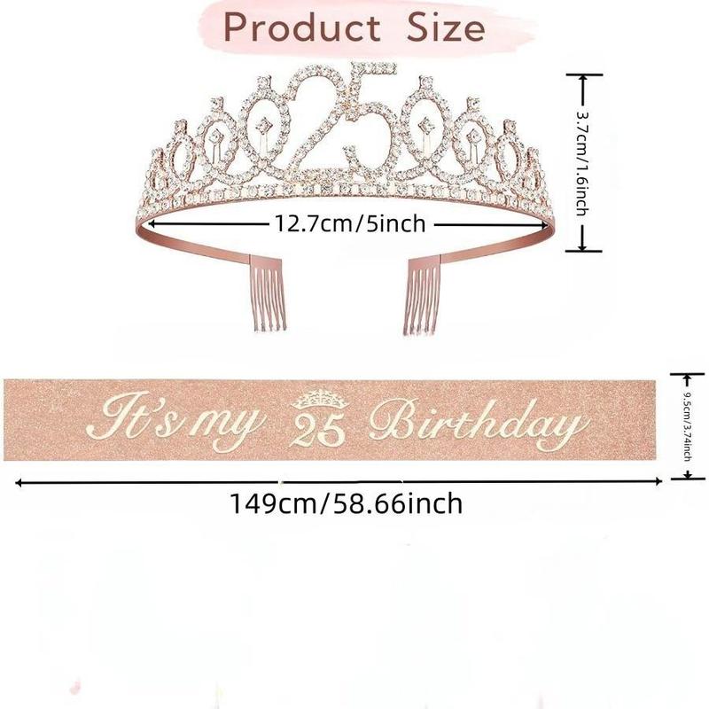 Birthday Crown & Sash Set, 1 Set Rhinestone Crown & Sash, Birthday Party Decoration Supplies for Women, Party Accessories