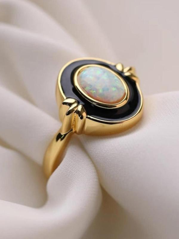 Temperament Oval Artificial Opal Decor Ring, Vintage Engagement Ring, Fashion Accessories for Women & Men, Trendy All-match & Exquisite Jewelry for Birthday Gift