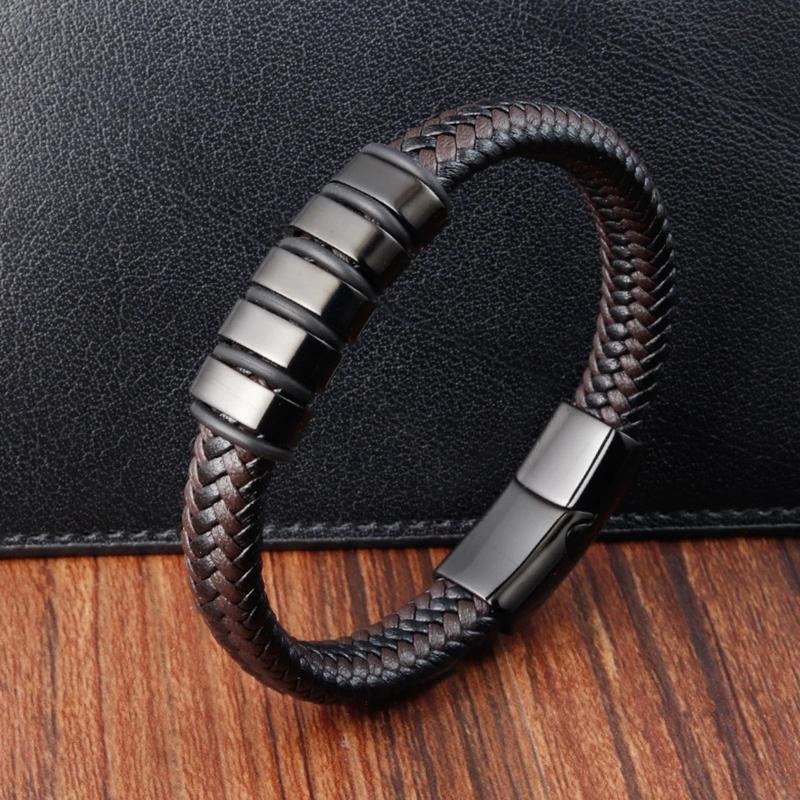 Men's Protection Leather Braided Bracelet Titanium Steel Bangle Leather Braided Wristband Magnetic Clasp for Daily Use Gift to him