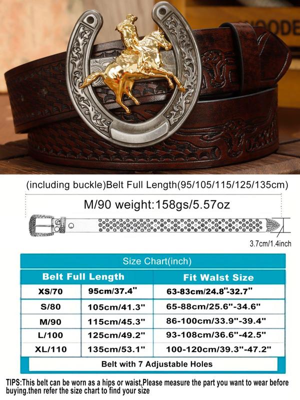 Men's Vintage Horse Buckle Western Belt, Fashionable Retro Funky Fantasy Embossed PU Leather Belt, Y2K Punk Belt for Men, Fashion Accessories for Daily Wear, Fall Outfits, Earthtone Fall Freshness