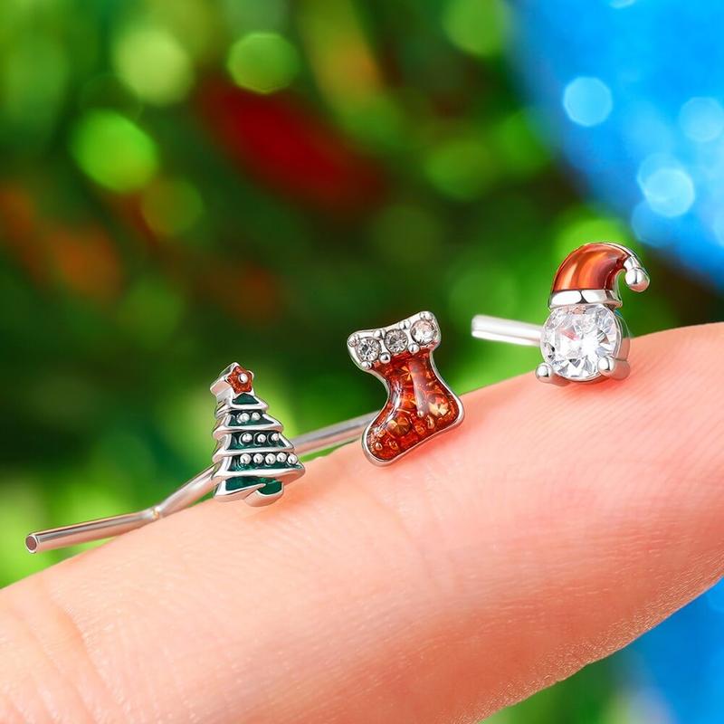 Oufer 3PCS 20G Christmas L-shaped Nose Piercing Ring Boots Christmas Tree Santa with Cubic Zirconia