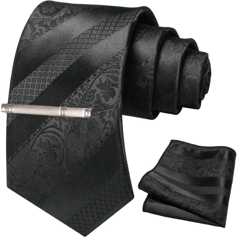 Mens Floral Necktie and Pocket Square Tie Clip Sets for Men