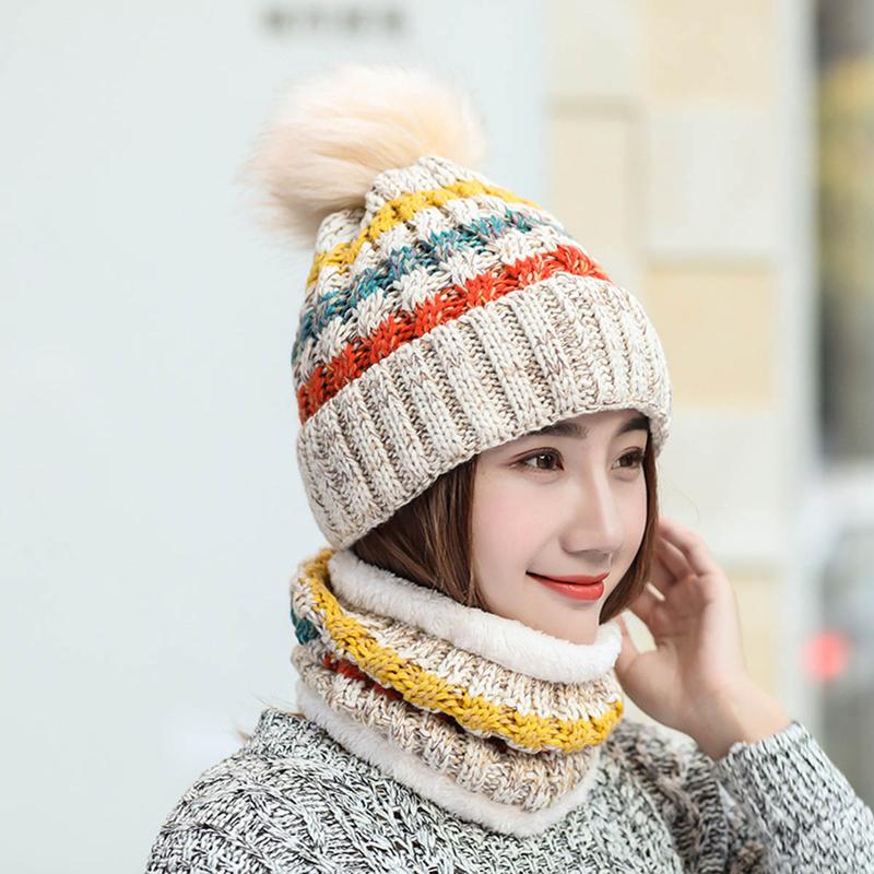 2-Pieces Winter Beanie Hat Scarf Set Warm Fuzzy Knit Hat For Women