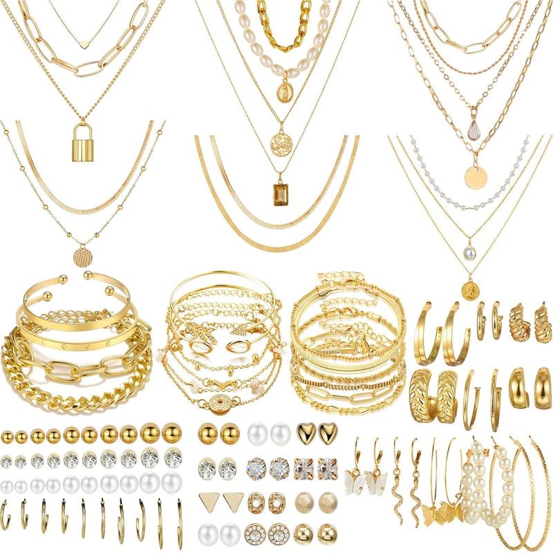 69 Pieces Gold Jewelry Set for Women Fashion Costume Jewelry Gold Plated Necklace Bracelet Gold Earrings Set for Women