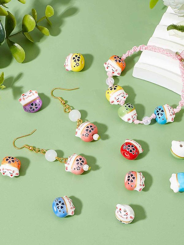 Lucky Cat Design Porcelain Bead, Fortune Cat Loose Beads Charms for Jewelry Making Necklace Bracelet Earrings Accessories, Fashion Accessories for Women & Girls for Holiday Gift