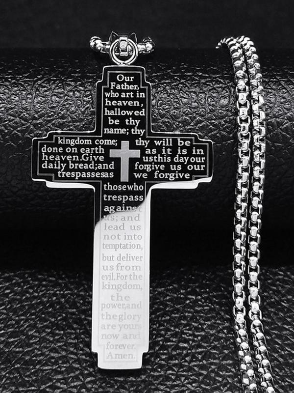 Punk Style Cross & Letter Decor Pendant Necklace, Stainless Steel Jewelry For Party, Daily Clothing Decor For Both Men & Women