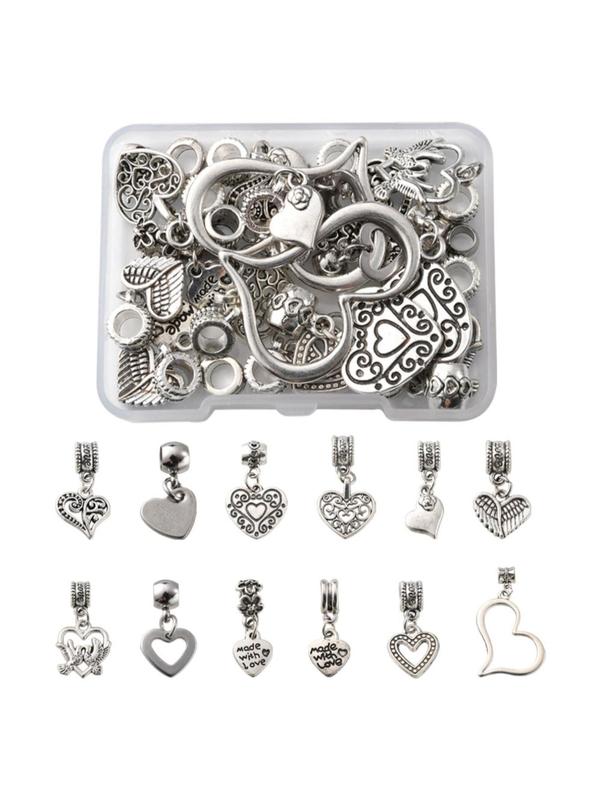 Heart Shaped Alloy Charms Set, Vintage Style Alloy European Dangle Charms, Large Hole Pendants Kit, Fashion Accessories for Jewelry Making