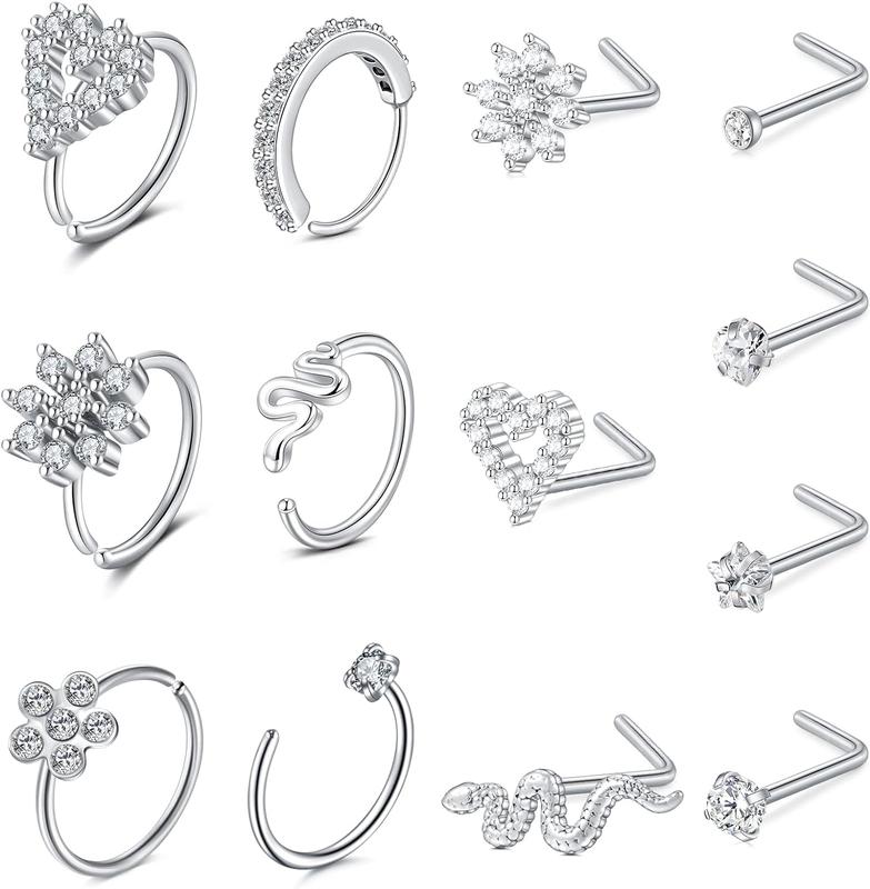 Nose Rings Nose Piercings 13PCs 20G Nose Hoops for Women Stainless Steel Nose Hoops L Shaped Nose Studs Flower Heart Snake Hoop Diamond Studs Silver Nose Nostril Piercing Jewelry