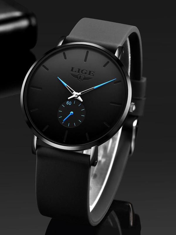 Men's Business Fashion Round Dial Analog Quartz Watch,  Minimalist Style Wristwatch, Trendy Watch for Daily Use As Gift with Box