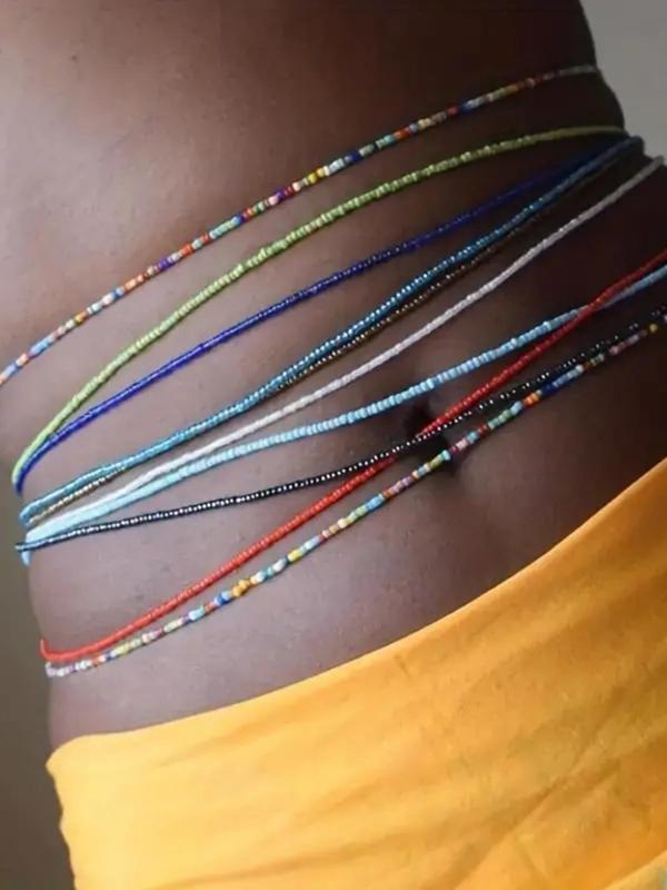 Colorful Beaded Elastic Waist Beads Chain for Crop Top, 10pcs set Summer 2024 Random Color All-match Body Jewelry, Cool Female Accessories for Beach Essentials for Party Vacation