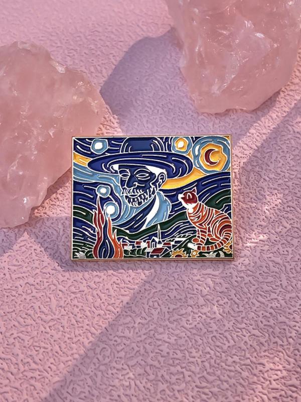 Van Gogh Starry Sky Art Painting Pattern Brooch, 4 Counts Cute Cat Graphic Alloy Badge for Daily Clothing Decor, Trendy All-match & Exquisite Brooch for Birthday Gift