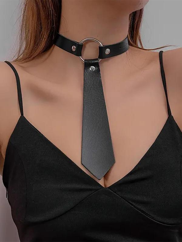 Punk Style PU Leather Tie Collar, Fashionable Studded Decor Necktie for Women & Men, Trendy All-match & Exquisite Jewelry for Birthday Gift