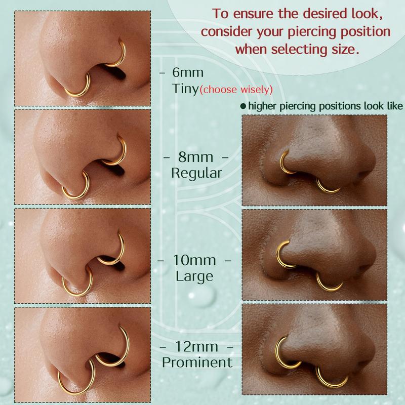 BodyBonita Hinged Nose Rings Hoops 4 Counts 20G 316L Surgical Steel Seamless Septum Rings Lip Helix Cartilage Conch Rook Daith Lobe Cartilage Tragus Piercing Jewelry Black Silver Gold Nose Rings Cilcker Body Piercing for Women Men 7mm 8mm 9mm 10mm