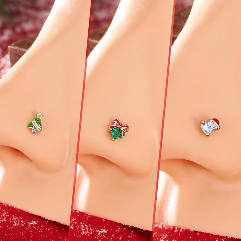 Oufer 3PCS 20G Christmas L-shaped Nose Piercing Ring Boots Christmas Tree Santa with Cubic Zirconia