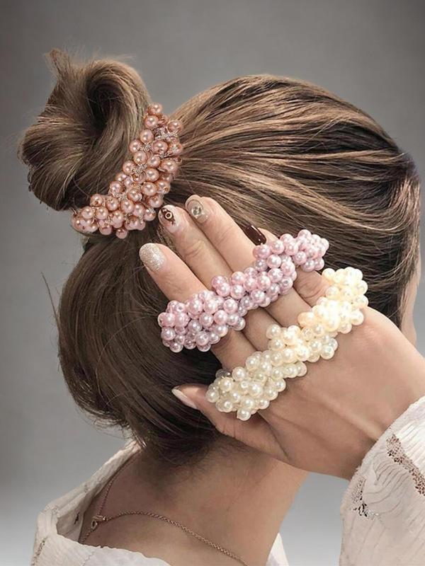 Cute Faux Pearl Decorated Hair Scrunchie, 3pcs set Elegant High Stretch Hair Ties for Women and Girls, Minimalist Headwear for Thick Hair, Sweet Fashion Accessories