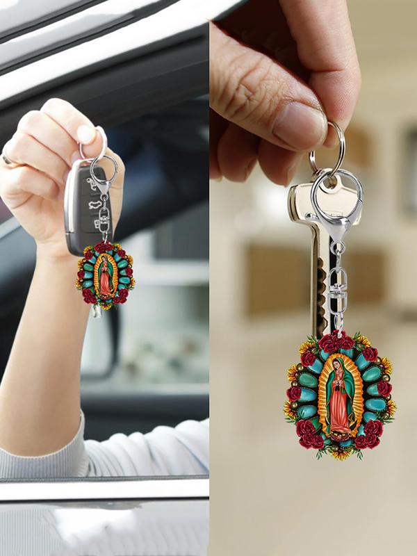 Virgin Mary Pattern Keychain, Cute Flower Print Keychain for Women & Men, Fashion Accessories for Daily Use, Trendy All-match & Exquisite Keychain for Birthday Gift