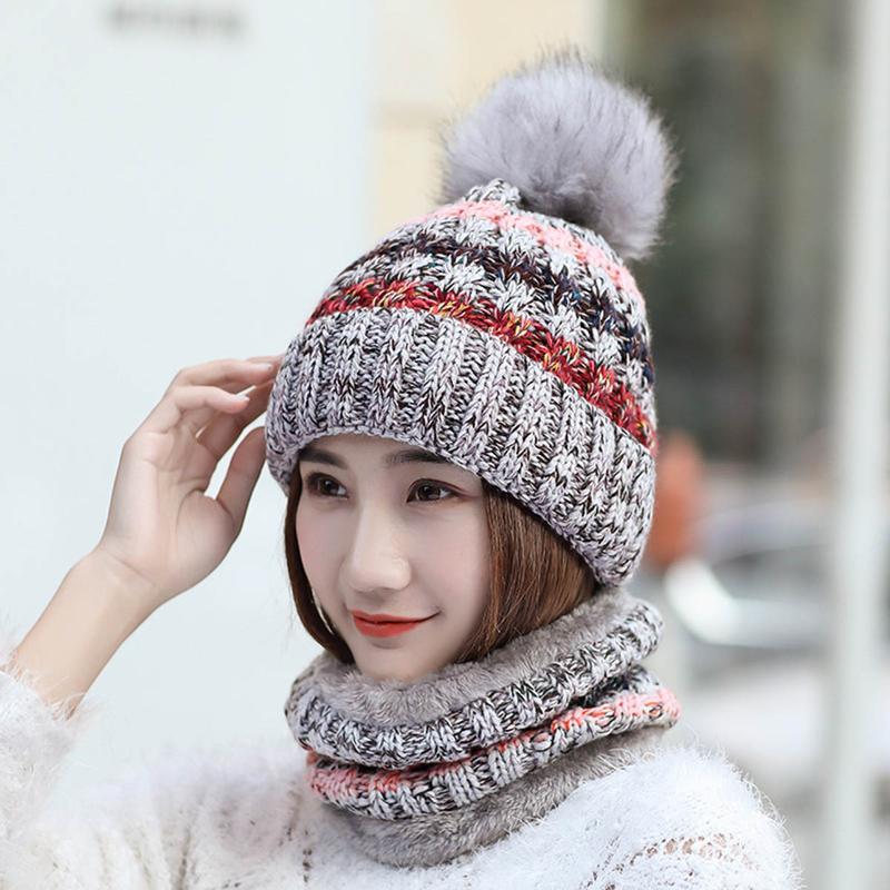 2-Pieces Winter Beanie Hat Scarf Set Warm Fuzzy Knit Hat For Women