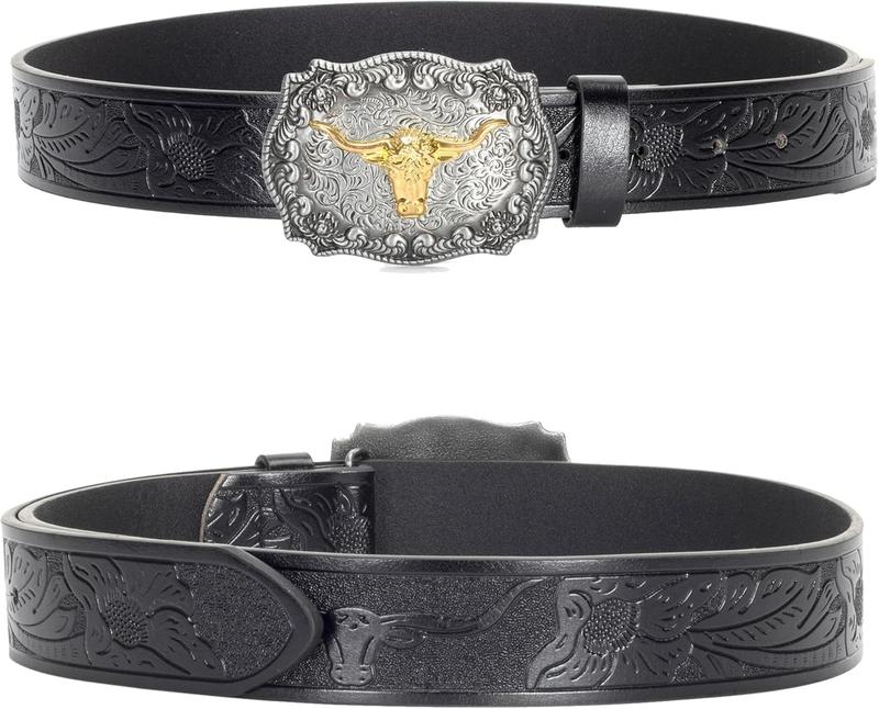 Western Cowboy-Belts for Men Big-Buckle Longhorn-Bull PU-Leather Rodeo Cowgirl-Belt Engraved Floral -  25-38