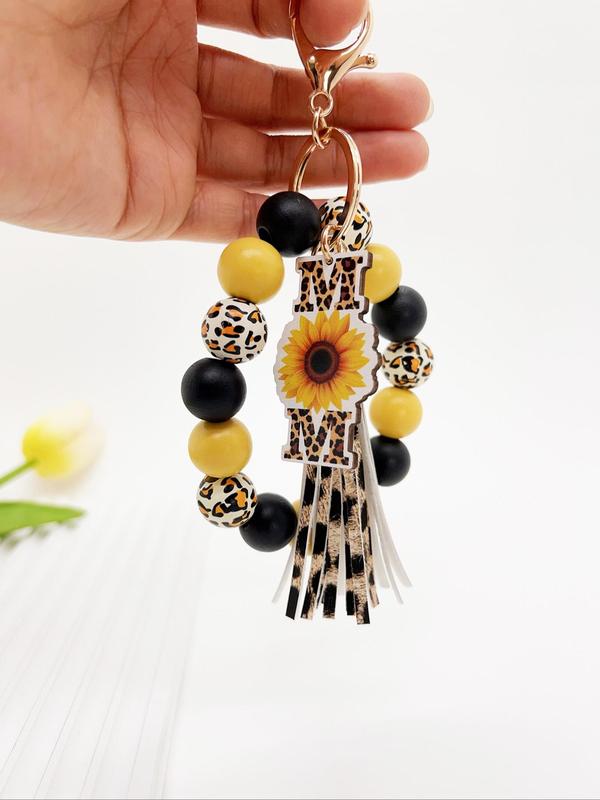 Boho Style Leopard Print Beaded Tassel Keychain, Fashionable Sunflower & Letter Design Keychain for Women & Girls, Trendy All-match Keychain for Birthday Gift