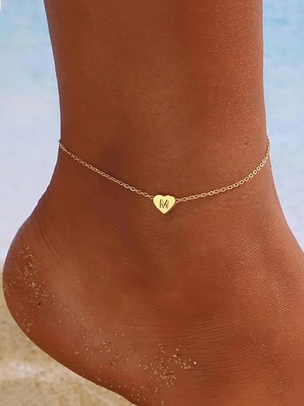 Heart Initial Anklet, Simple Trendy Stainless Steel Chain Anklet for Women & Girls, Fashion Jewelry for Party, Daily Decor, Trendy All-match & Exquisite Jewelry for Birthday Gift