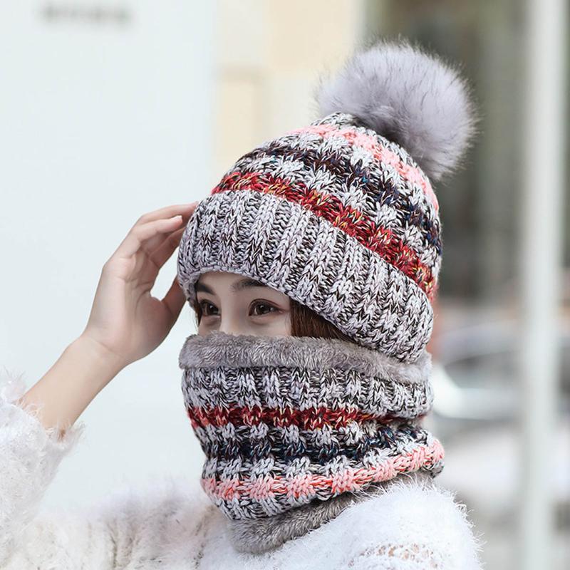 2-Pieces Winter Beanie Hat Scarf Set Warm Fuzzy Knit Hat For Women