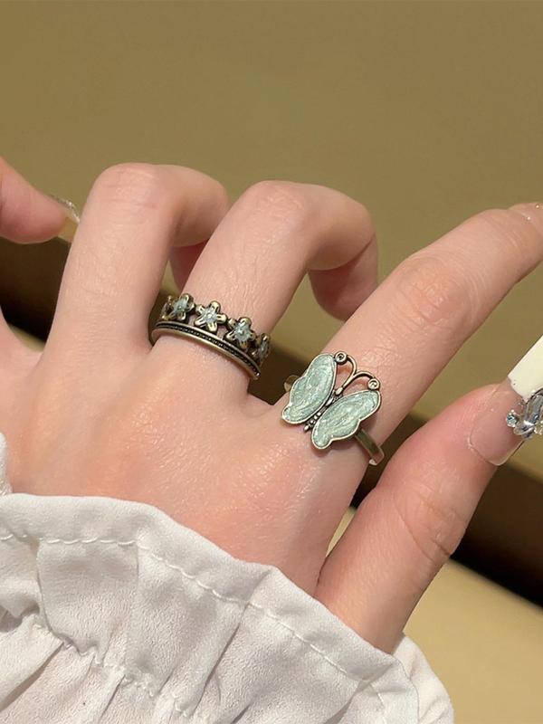 Vintage Butterfly & Flower Design Ring, Adjustable Ring, Fashion Jewelry Accessories for Women & Girls, Trendy All-match & Exquisite Jewelry for Birthday Gift