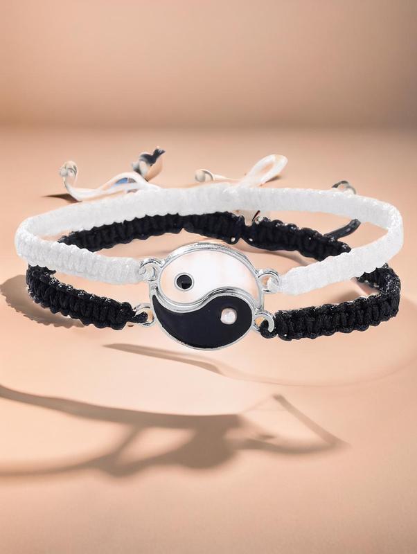 Unisex Round Charm Bracelets Kit Wristbands, Casual Trendy Colorblock Yinyang Design Bracelets for Couple, Fashionable Accessories for Daily & Party Decoration