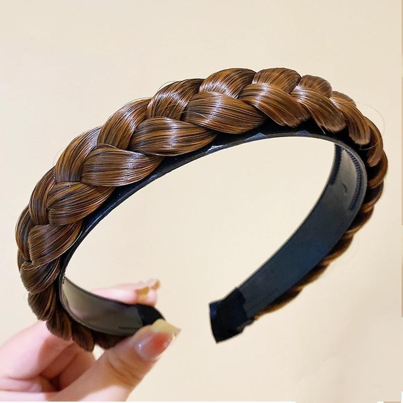 Headband 3 Strands Synthetic Hair Plaited Headband Braid Braided With Teeth Hair Band Band Beauty accessory Stretch Braid Headbands Hairpiece for Women (Brown-3 Strands)