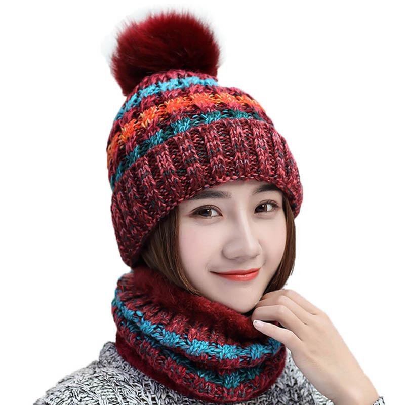 2-Pieces Winter Beanie Hat Scarf Set Warm Fuzzy Knit Hat For Women