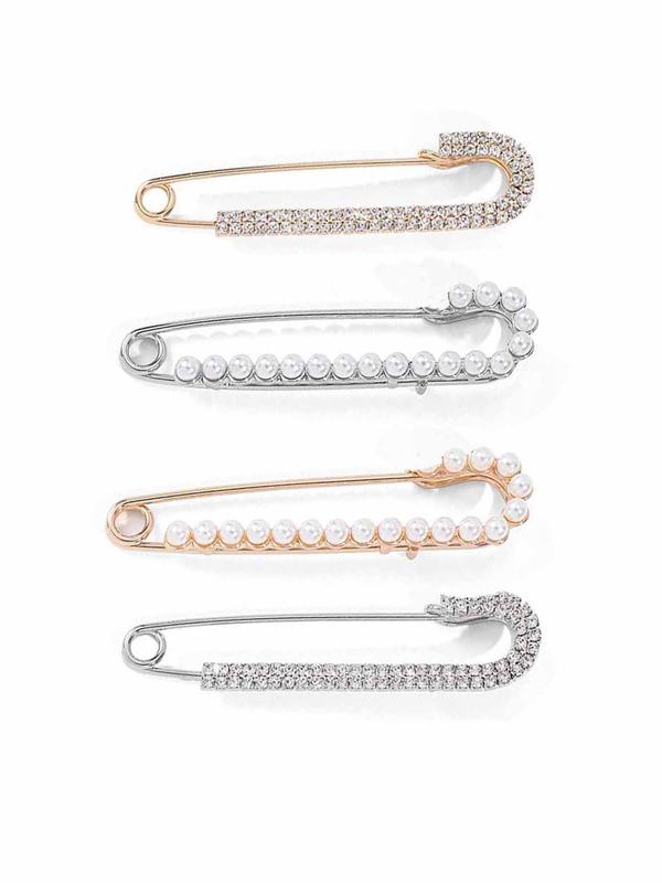 Glittering Faux Pearl Decor Brooch, 4 Counts set Elegant Pin Shaped Clothes Brooch for Women & Girls, Trendy All-match & Exquisite Accessories for Birthday Gift