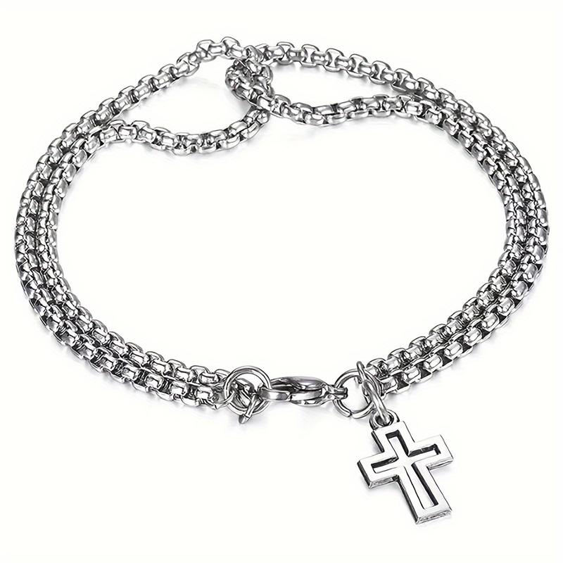 Hollow Double Chain Cross Titanium Steel Men's Bracelet, Double Layer Cool Hand Jewelry