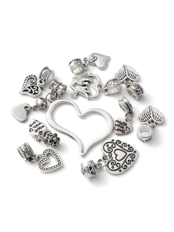 Heart Shaped Alloy Charms Set, Vintage Style Alloy European Dangle Charms, Large Hole Pendants Kit, Fashion Accessories for Jewelry Making