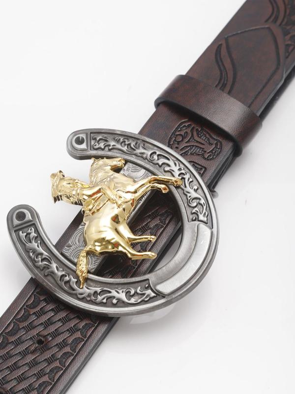 Men's Vintage Horse Buckle Western Belt, Fashionable Retro Funky Fantasy Embossed PU Leather Belt, Y2K Punk Belt for Men, Fashion Accessories for Daily Wear, Fall Outfits, Earthtone Fall Freshness