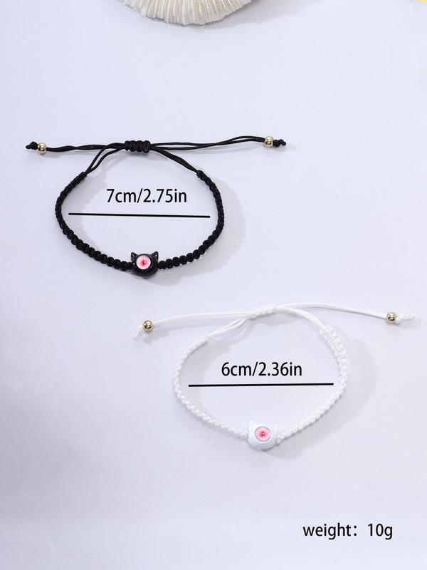 2pcs set Cute Cat Eye Design Braided Adjustable Bracelet, Creative Animal Design Hand Jewelry for Women & Men, Fashion Accessories for Friends Gift