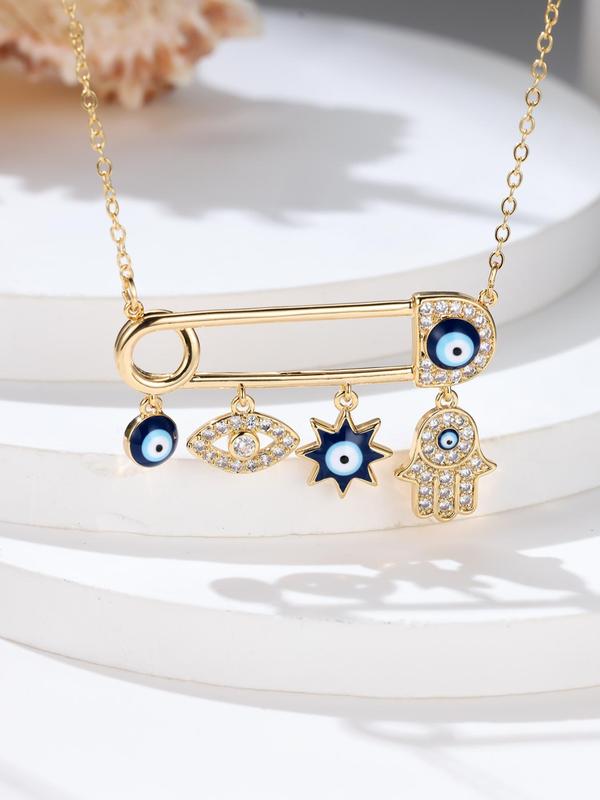 Women's Elegant Rhinestone Decorated Evil Eye Design Pendant Necklace, Fashion Accessories For Party, Daily Clothing Decor For Girl