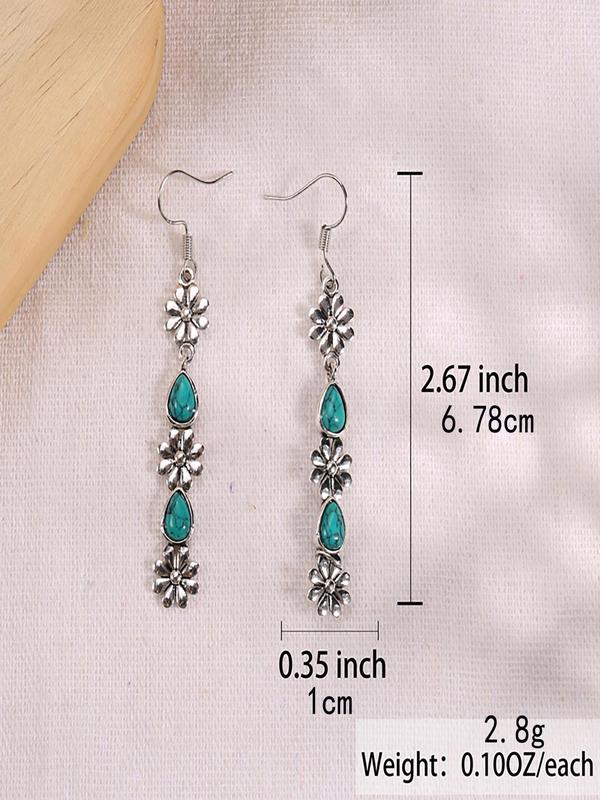 1 Pair Vintage Flower Design Dangle Earrings, Inlaid with Turquoise Textured Hook Earrings, Women's Elegant Earrings Accessories for Daily Use Party