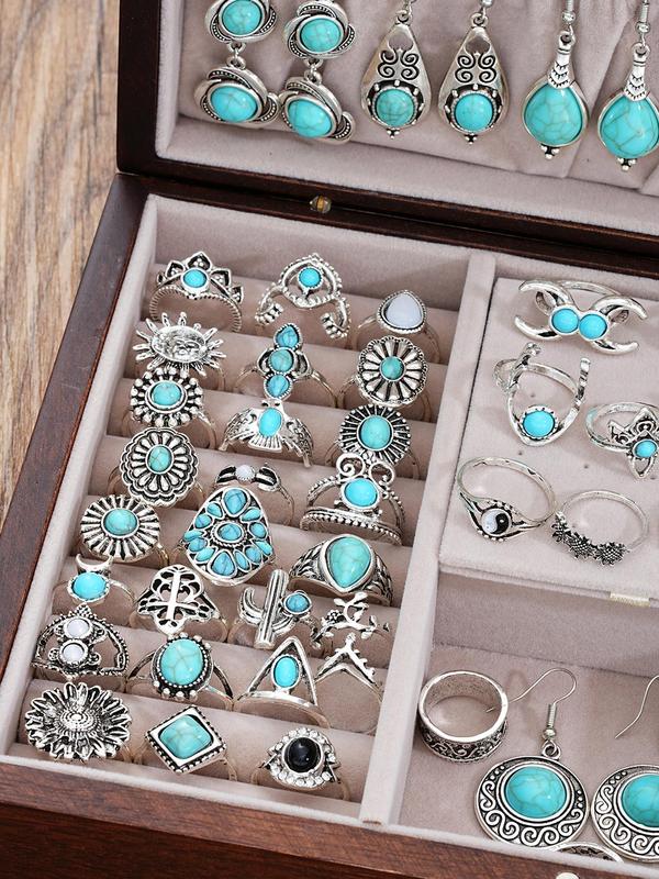 Boho Style Turquoise Texture Jewelry Set, Vintage Necklace & Bracelet & Ring & Earrings, Fashion Accessories for Women & Girls