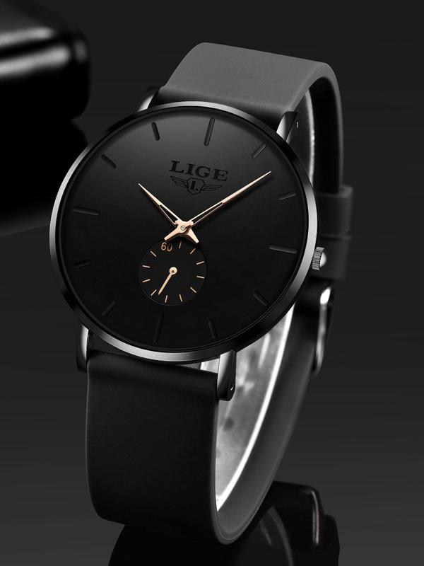 Men's Business Fashion Round Dial Analog Quartz Watch,  Minimalist Style Wristwatch, Trendy Watch for Daily Use As Gift with Box