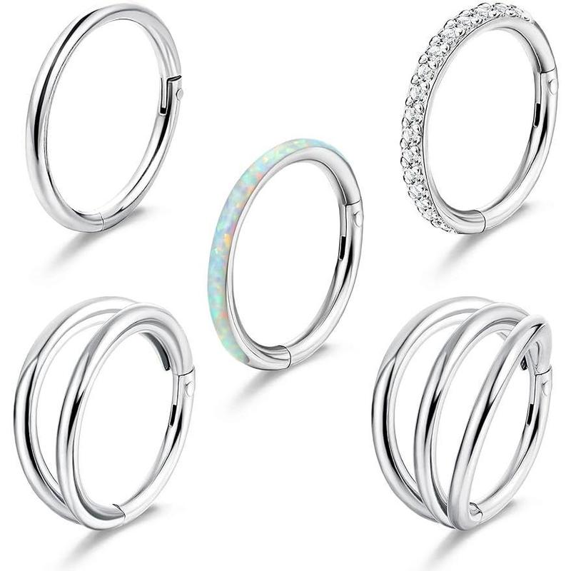 FLORIDECO 5Pcs 18G 16G Surgical Steel Nose Rings Hoops for Women Men Clicker Septum Hinged Segment Lip Nose Rings Helix Cartilage Conch Rook Earrings CZ Body Piercing Jewelry 8mm 10mm Daily