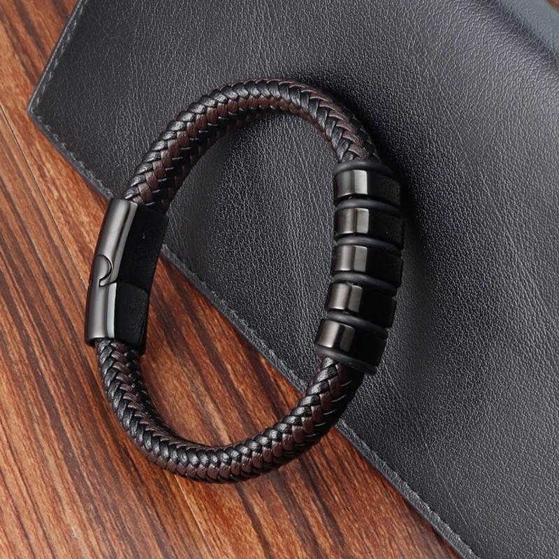 Men's Protection Leather Braided Bracelet Titanium Steel Bangle Leather Braided Wristband Magnetic Clasp for Daily Use Gift to him