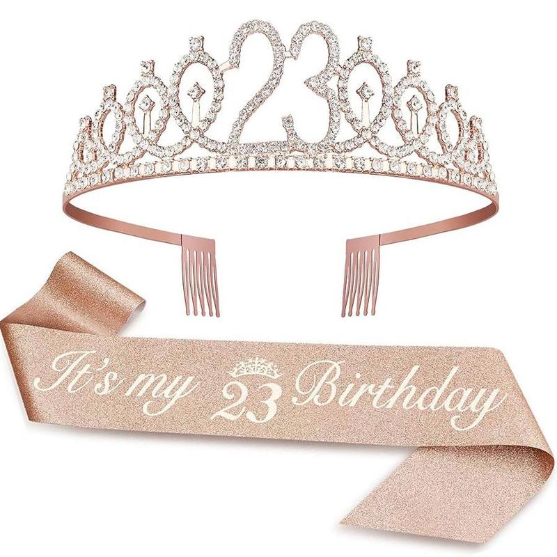 Birthday Crown & Sash Set, 1 Set Rhinestone Crown & Sash, Birthday Party Decoration Supplies for Women, Party Accessories