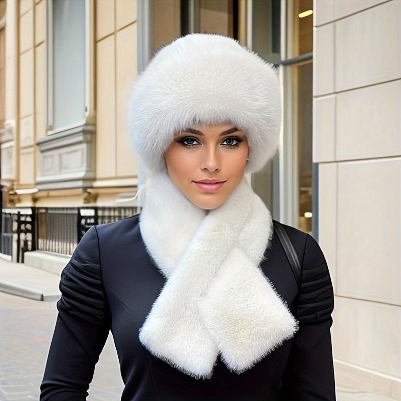 Women's 2pcs Set: Cozy Faux Fur Hat & Scarf Combo - Warm, Knit Winter Ear Warmer with Button Closure, Solid Color, Hand Wash Only