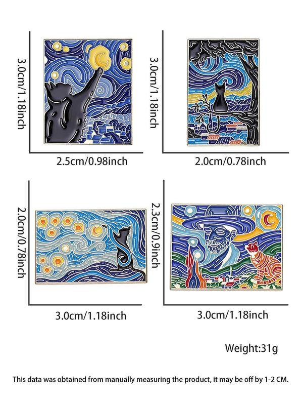 Van Gogh Starry Sky Art Painting Pattern Brooch, 4 Counts Cute Cat Graphic Alloy Badge for Daily Clothing Decor, Trendy All-match & Exquisite Brooch for Birthday Gift