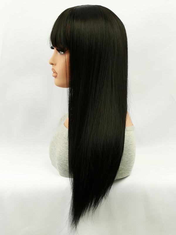 26 Inch Black Long Straight Wigs for Women, Jet Black Wig, Gorgeous Fluffy Wigs with Bangs, Synthetic Full Machine Wigs for Party, Daily Use