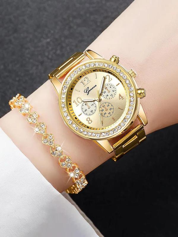 Women's Elegant Rhinestone Decorated Quartz Watch & Bracelet, Exquisite Trendy Wristwatch & Bracelet, Fashionable Watch Set As Gift for Women with Box