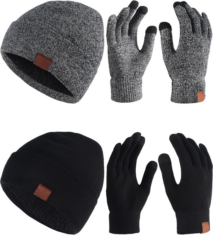 Womens Winter Warm Beanie Hat Touchscreen Gloves Set Soft Skull Cap Gloves Set Knit Beanie Hat Gloves for Men