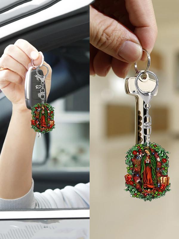 Virgin Mary Pattern Keychain, Cute Flower Print Keychain for Women & Men, Fashion Accessories for Daily Use, Trendy All-match & Exquisite Keychain for Birthday Gift