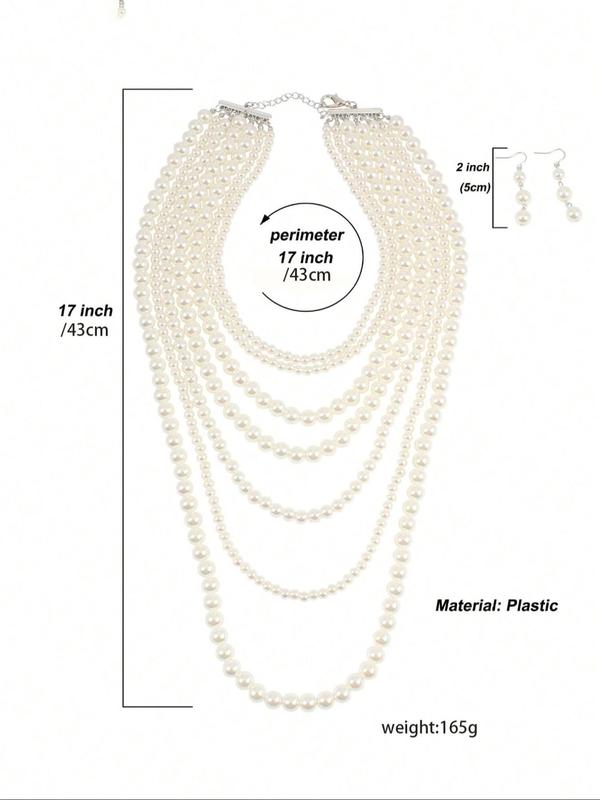 Women's Elegant Faux Pearl Decorated Layered Beaded Necklace & Dangle Earrings, Exquisite Trendy Jewelry Set, Fashionable Vintage Jewelry Set for Women As Gift